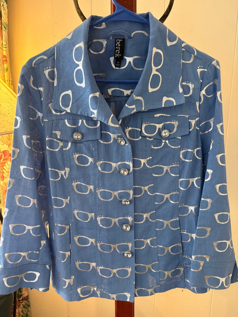 Berek Glasses Print Linen Jacket Sz Medium